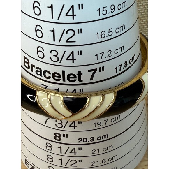 J.Crew Gold-Plated Black & Cream Enamel Striped Bangle Bracelet Womens Size 7" D - Picture 4 of 7